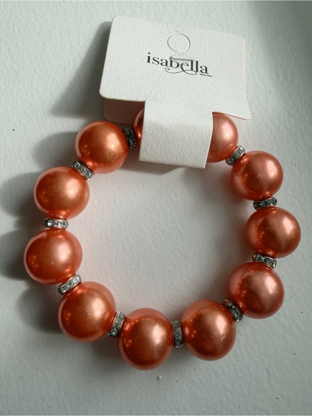 Isabella Peach Pearl Beaded Stretch Bracelet with Rhinestone Spacers